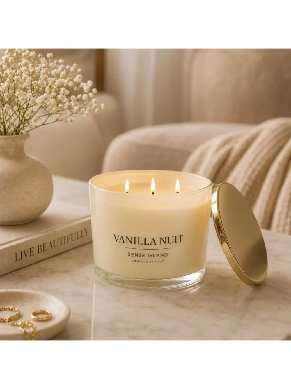 Large 3 Wick Vanilla Soy Candle - 50 Hour Burn, Natural Wax, Beige Glass, Luxury